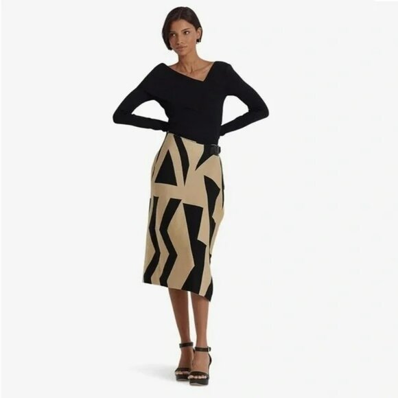 Lauren Ralph Lauren Womens Geometric Asymmetrical Midi Skirt Sz M Black & Tan - Picture 3 of 9